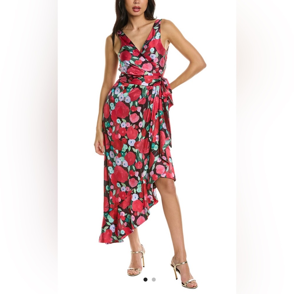 Anthropologie Floral Asymmetrical Wrap Dress in Red, Pink, Green